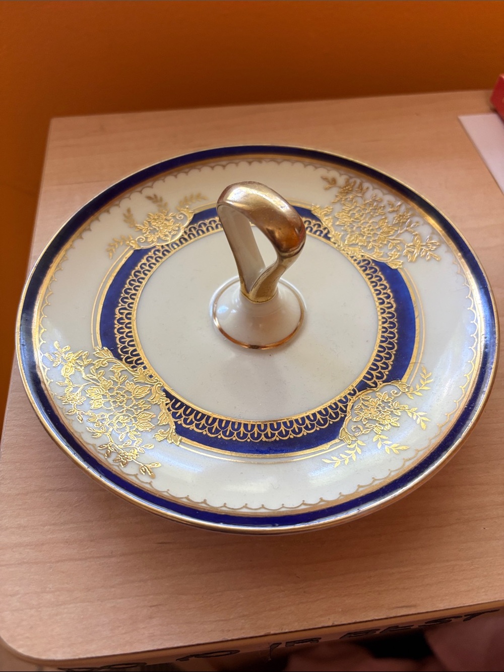 Noritake Cream, Cobalt Blue & Gold Porcelain Covered Ring Dish